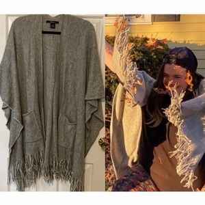 Cejon Knit Poncho Cardigan with Fringe & Pockets